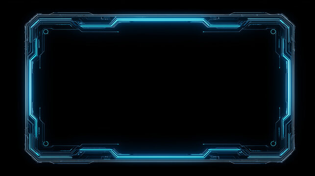 暗闇に青いデジタル回路と精密なホログラムラインが輝く近未来的なハイテクインターフェースフレーム