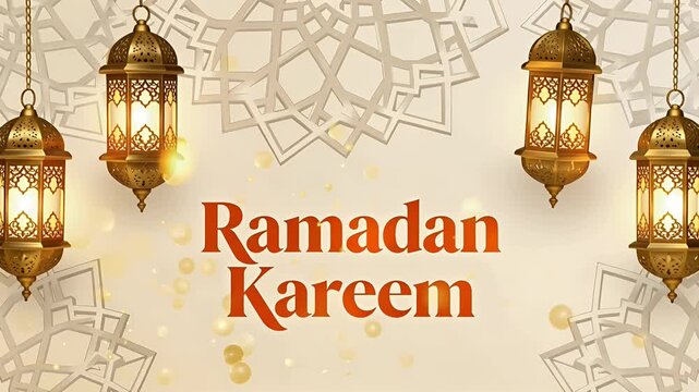 ramadan kareem greeting with lanterns and arabesque backdrop