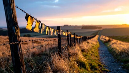 Sunset over a rural landscape with barbed wire fence