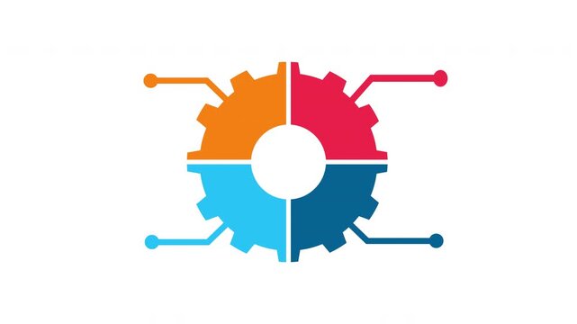 colorful 4 steps circular infographic chart with gear shapes and data nodes for business process and information analysis. Alpha channel