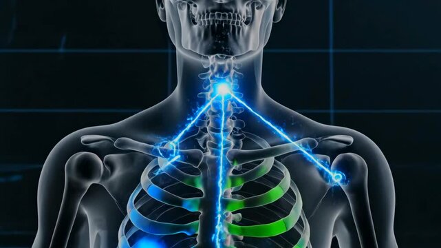xray torso with highlighted spinal column, transparent anatomy animation revealing vertebrae, discs, ribcage and pelvic markers with XR interface for orthopedic planning, diagnostic