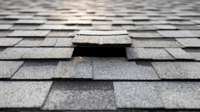 Missing Tab on a Roof Section Reveals Black Underlayment and Highlights Need for Repair Work to Maintain Structure Integrity