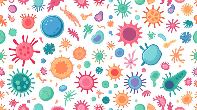 Seamless pattern with single cell microorganisms or microbiome on white background. Backdrop with germs, protists, microbes, protozoa, pathogens, bacteria, viruses. Flat cartoon vector illustration.