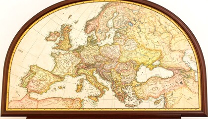 A vintage, semi-circular world map of Europe, featuring detailed geographical regions and political boundaries, framed in dark wood and hung on a white wall