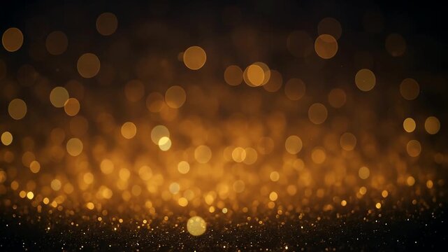 Abstract animated video featuring golden particles rising upwards for birthday and holiday celebrations. A looping 4K background with a bokeh effect and glowing particles against a dark background.