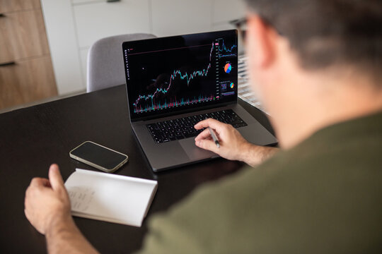Man analyzing stock chart using laptop