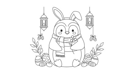 Fototapeta premium Cute Easter Bunny with Scarf Surrounded by Eggs and Lanterns