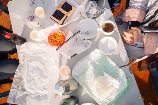Outdoor breakfast table with snacks and drinks