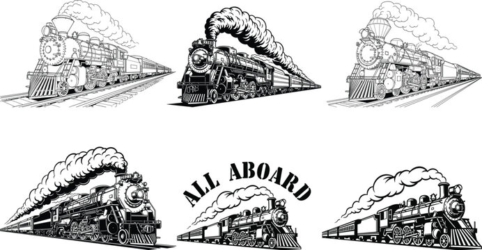 Vintage steam train silhouette illustrations with all aboard text