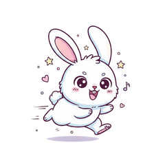 Fototapeta premium Cute kawaii white bunny icon running with happy expression, pink inner ears and cheeks, surrounded by small stars, hearts, and music notes, soft pastel colors, cartoon style, transparent background.