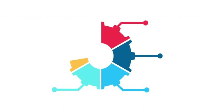 colorful 6 steps circular infographic chart with gear shapes and data nodes for business process and information analysis. Alpha channel