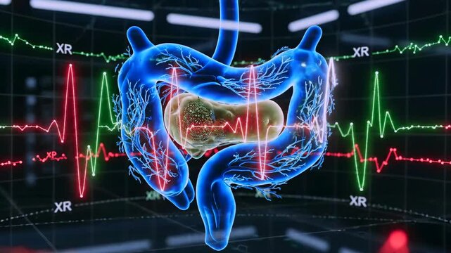 Glowing intestine with red and green waveform backdrop, electrophysiology traces and neural mapping overlays showing enteric signal patterns and realtime biofeedback analysis.