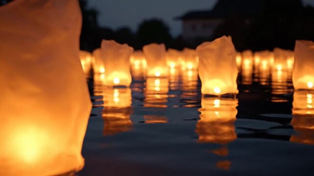 Glowing lanterns floating on water create a serene nighttime atmosphere.