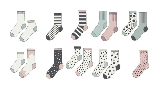 Flat Design Socks Illustration Set, Modern Minimalist Clothing Vector with Various Patterns and Styles, Clean Fashion Apparel Icons Isolated on White Background for Commercial Use