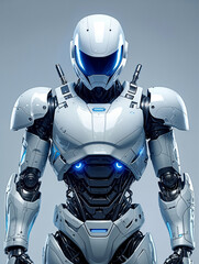 Fototapeta premium This artwork features a futuristic humanoid robot with sleek armor and glowing blue accents, emblematic of cutting-edge technology in robotics. Generative AI.
