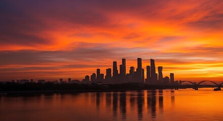 HDR Panoramic Sunrise over Megalopolis Financial District Skyline.