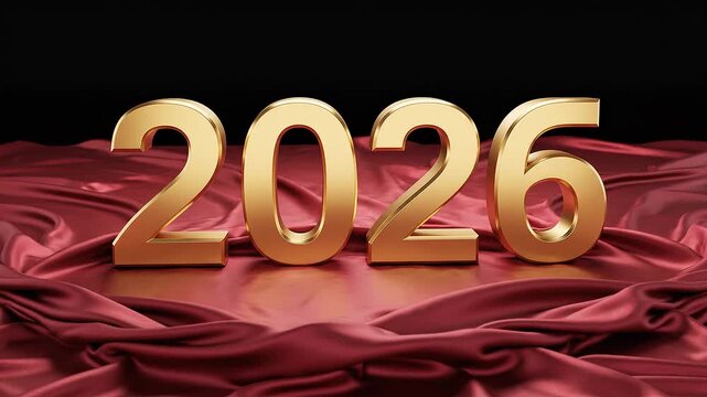 Golden 2026 on Red Satin Background.