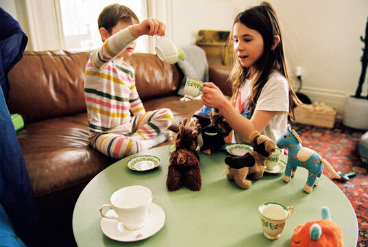 Candid moment of kids having a tea party with their stuffies at home