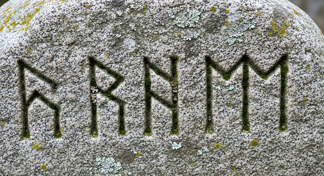 Ancient Stone Rune Inscription: Discover an ancient stone inscription of mysterious runes, hinting at a forgotten past and the secrets it holds. Carved into the weathered surface of a timeless stone.