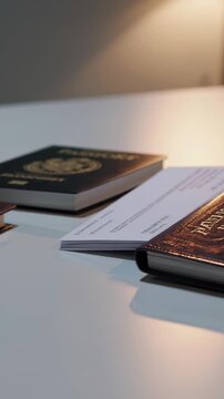 Several american passports are arranged on a white table alongside official documents, illuminated by a warm light source, creating a repetitive pattern