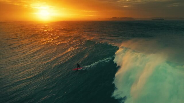 Aerial View Of Surfers And Birds At Golden Hour Over The Ocean with shifting tidal patterns near rugged cliffs