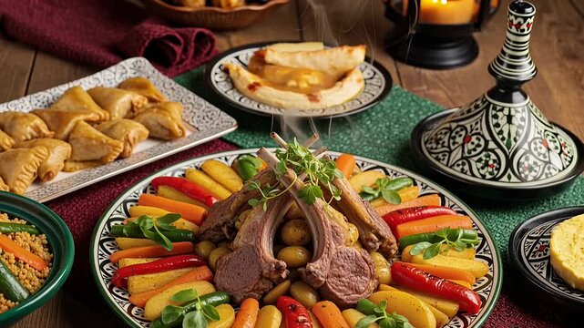 lamb roast centerpiece, fruit platter, pastries on ornate table