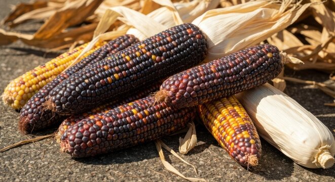 Close-up of colorful corn cobs in various hues with dried husks on a textured surface
