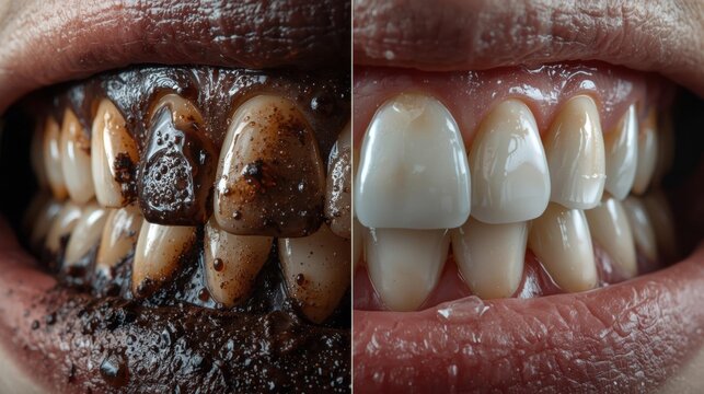 Close-up of a mouth showing severely stained teeth on the left and clean, white teeth on the right, illustrating dental transformation.