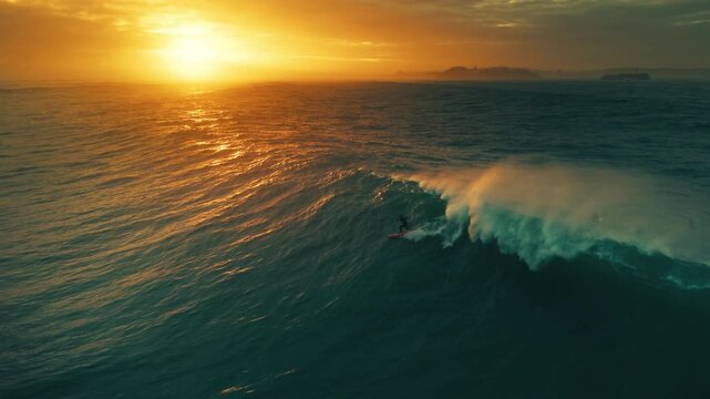 Aerial View Of Surfers And Birds At Golden Hour Over The Ocean with shifting tidal patterns over dramatic coastline