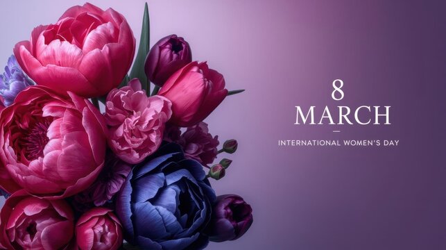 Elegant bouquet of pink, purple, and blue flowers with text celebrating International Women's Day on March 8th against a purple background.
