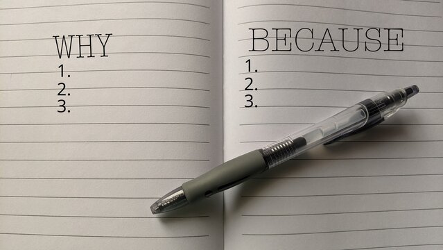 A Notebook Page Exploring Causal Relationships Through Inquiry and Reasoning.This image features columns for "Why" and "Because," encouraging a structured analysis of underlying causes.