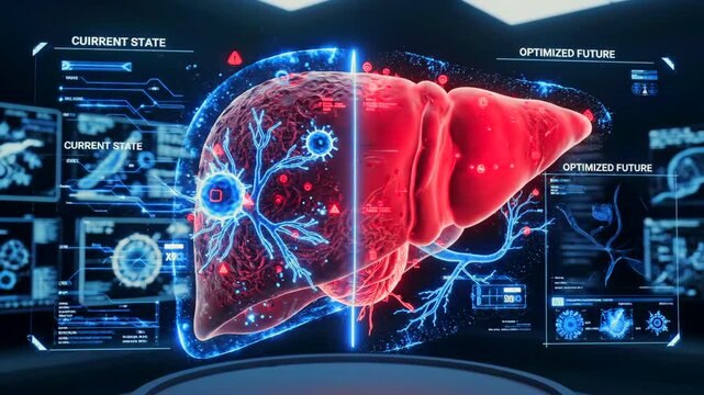liver hologram showing optimized regeneration overlays and performance metrics. hightech console displays optimization markers, vascular restoration mapping, functional scores
