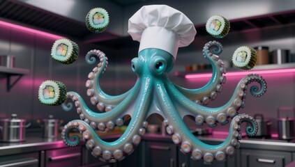 Obraz premium A whimsical cartoon octopus wearing a chef hat surrounded by floating sushi rolls in a kitchen setting