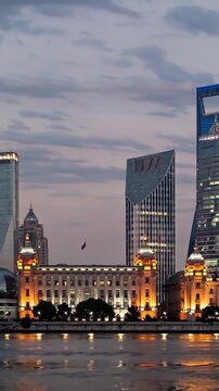 pudong skyline in shanghai are displayed, showing the transition from day to night with varying color gradings, highlighting the city's modern architecture and vibrant atmosphere