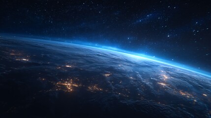 View of Earth from space with glowing city lights