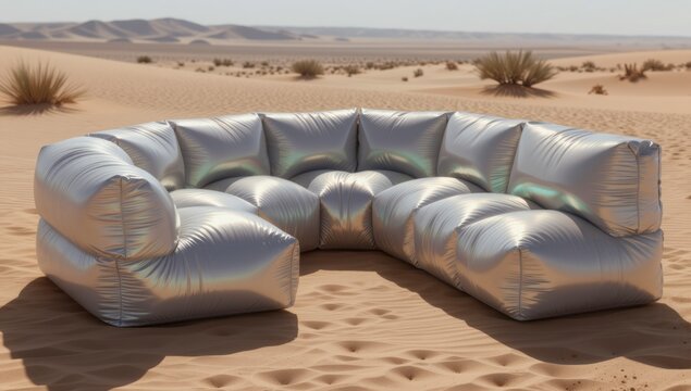 A silver inflatable sectional sofa sits on rippled sand dunes in a barren desert landscape