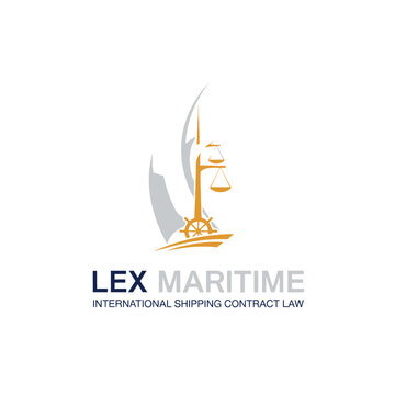 Lex Maritime international shipping contract law logo with scales of justice and ship's wheel, isolated white background.