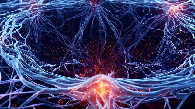 glowing synapse sparks with orange core firing across tangled neural network, computational neuroscientist simulating synaptic plasticity and memory encoding dynamics in active circuit