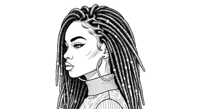 Black Woman Portrait, Dreadlocks Hairstyle, Fashion, Beauty, Line Art Illustration