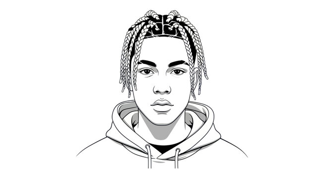 Young Man with Braids and Hoodie, Black and White Portrait
