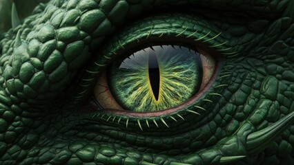 Naklejka premium Close-up of a fierce green dragon's eye, reptilian scales, fantasy creature, detailed texture
