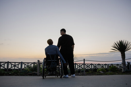 Two Friends by the Sunset, Embracing On a Wheelchair by the Path