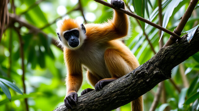 Captivating bald uakari monkey perched on a branch in its natural rainforest habitat, Amazon region
