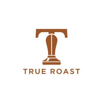 Letter T and espresso tamper icon for professional cafe brand logo True Roast