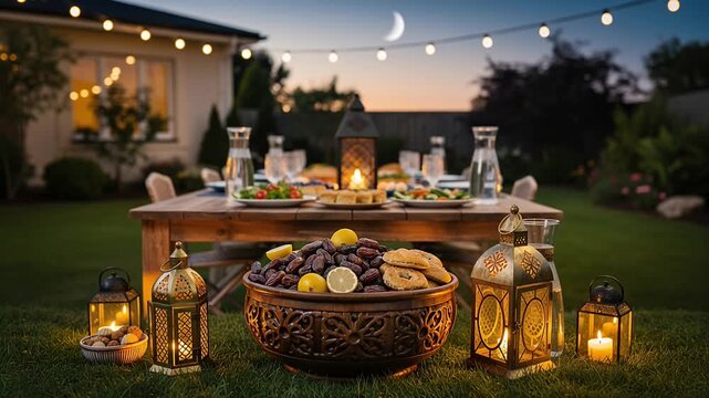 outdoor dinner setup with lanterns, fruit bowl, and string lights at dusk
