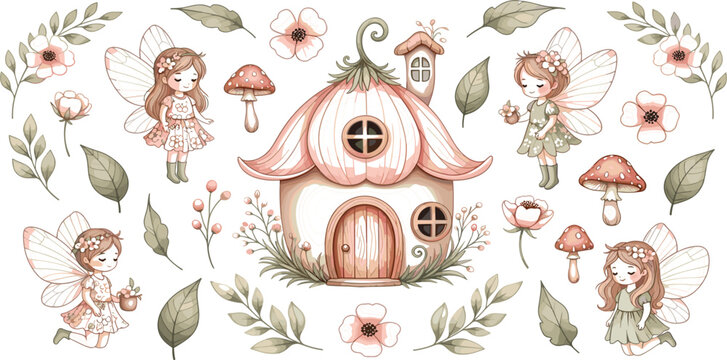 Cute Fairy House and Magical Forest Elements Vector Set with Fairies Mushrooms Flowers and Leaves Fantasy Illustration Collection for Kids Design
