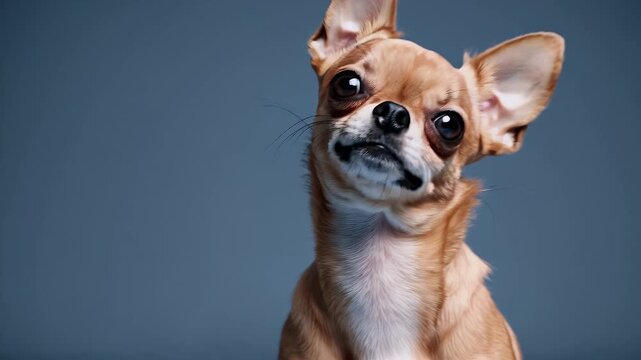 adorable 4k studio footage small curious chihuahua expressive eyes tilting head playfully vibrant blue background perfect pet lovers