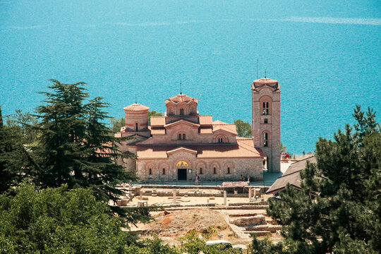 Scenic view of the Plaoshnik Church (Church of Saints Clement and Panteleimon) in Ohrid, North Macedonia, overlooking the turquoise waters of Lake Ohrid.
