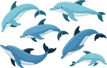 Obraz premium Dolphin cartoon character set cute blue ocean marine animal vector illustration collection isolated on white background