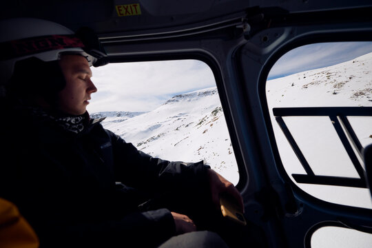 Skier travels by helicopter